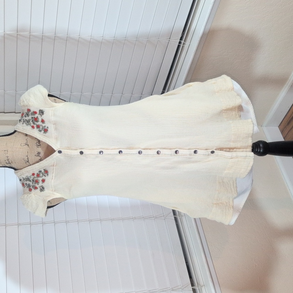 Meadow Rue Cream Mini Dress with Pink Floral Embroidery